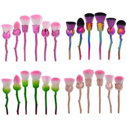 Brosses de maquillage 3d rose kit 6pcs / réglage manche en plastique poignée plate douce fondation cosmétique bb crème face poudre b fard à paupières