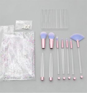 Pinceles de maquillaje, 7 piezas, mango transparente vacío, portátiles y con purpurina, con bolsa de cosméticos, juego de brochas DIY5407601