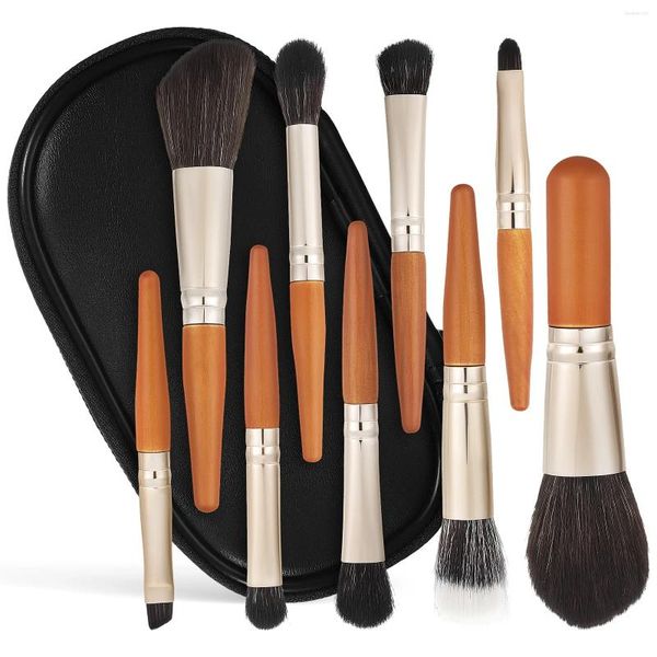 Pinceles de maquillaje 9 piezas cepillo mini bolsa de aseo sombra de ojos mango de madera kit profesional de viaje