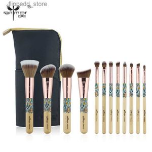 Pinceaux de maquillage Anmor 12 pièces pinceaux de maquillage professionnels en bambou ensemble pour fond de teint fard à paupières correcteur maquillage brosse Kit cosmétique Q231110