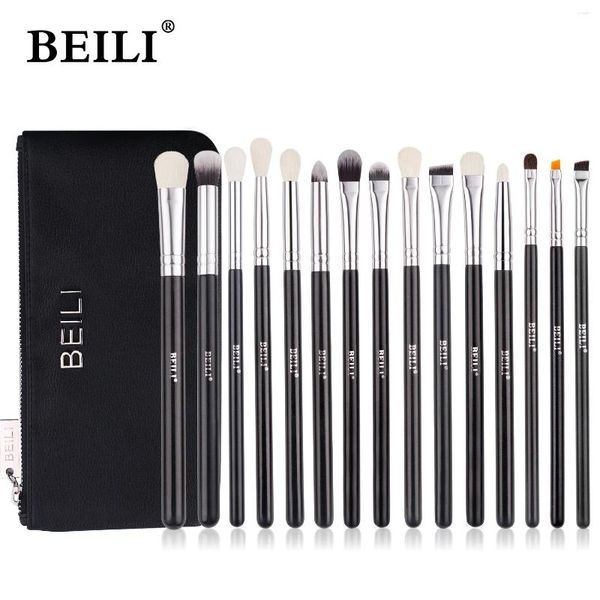 Brosses de maquillage beili noir 15pcs de chèvre de chèvre Eyeshadow Eyeliner Mélanger Brosse avec sac de haute qualité professionnel