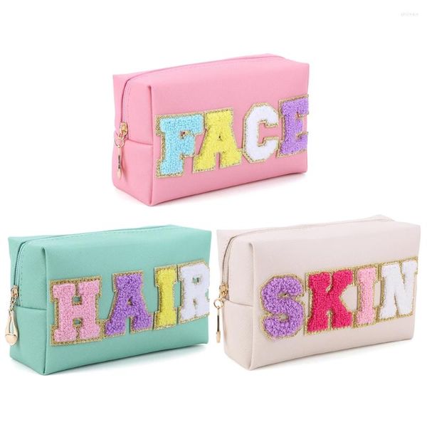 Brochas de maquillaje con letras de chenilla, bolsa de aseo impermeable de cuero PU con parches con cremallera, organizador para mujer, accesorios de viaje