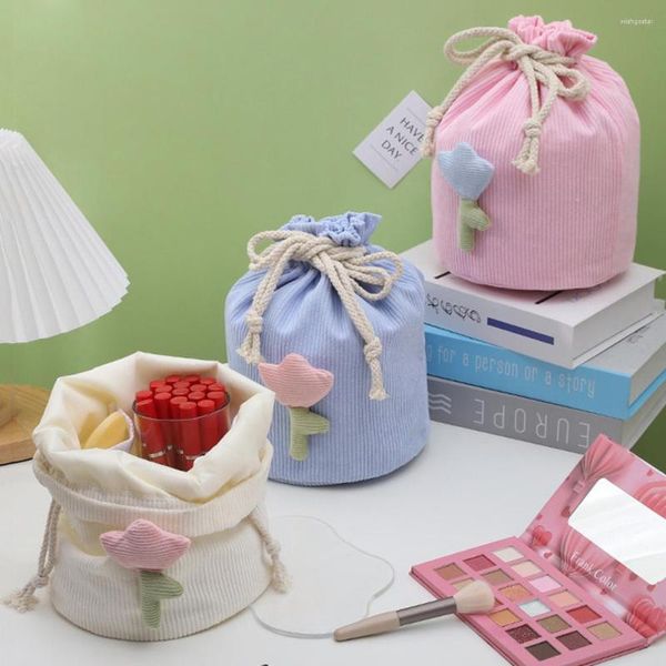 Pinceles de maquillaje Bolsa de almacenamiento de artículos pequeños de pana Paquetes de bolígrafos de papelería con cordón multifuncional Plegable con regalos de Navidad de tulipán para