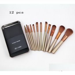 Make -upborstels Designer 12 PCS Poederborstel Gold Metal Box Professional Make -up Tools Drop levering Gezondheid Beauty Accessoires DHKCI DHKCI