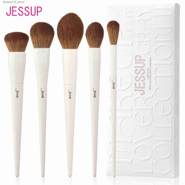 Pinceaux de maquillage Jessup Ensemble de pinceaux pour le visage 5 pièces Pinceaux de maquillage Fond de teint végétalien Blush Brosse bronzante Contour Poudre de réglage moelleuse Gris clair T493 Q240126