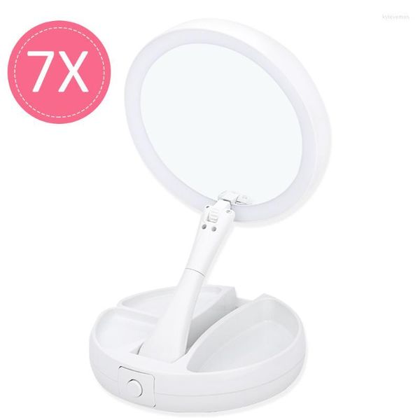 Pinceles de maquillaje, espejo Led, almacenamiento de carga USB plegable, cosmético blanco con espejos de mesa de aumento de luz de doble cara 7X