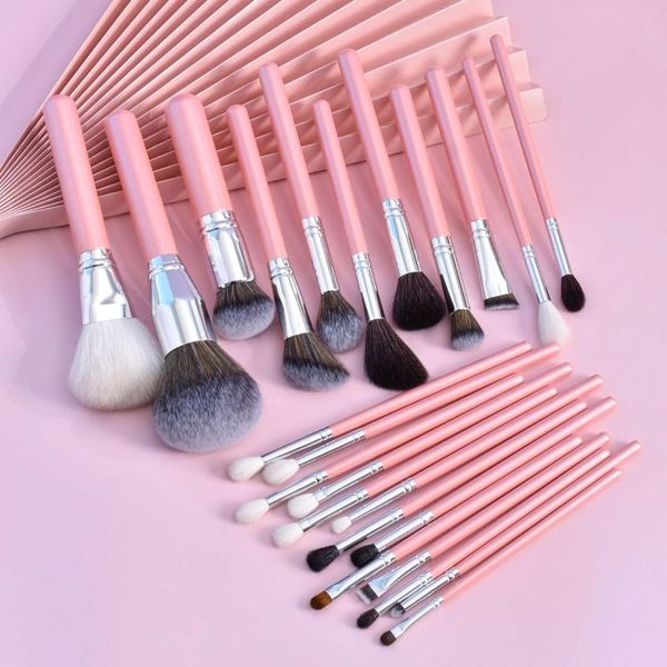 Pinceaux de maquillage ensemble de marque privée 16 pièces brosse fond de teint synthétique naturel poudre surligneur perle rose/argent en vrac