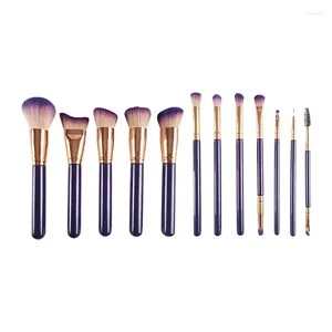 Ensemble de pinceaux de maquillage violets, professionnels, en poils de chèvre naturels, pour fond de teint, poudre, Contour, fard à paupières