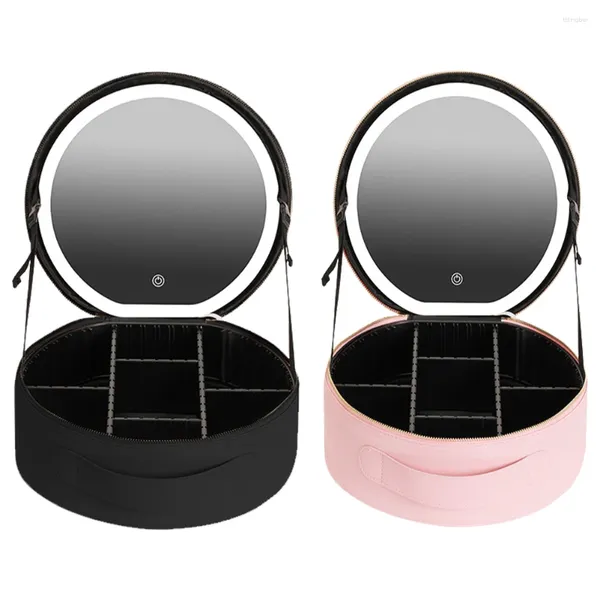 Pinceles de maquillaje Bolsa de lavado redonda para mujer con espejo Luz LED Bolsa de maquillaje para mujer Caja de almacenamiento de moda de cuero PU de gran capacidad impermeable