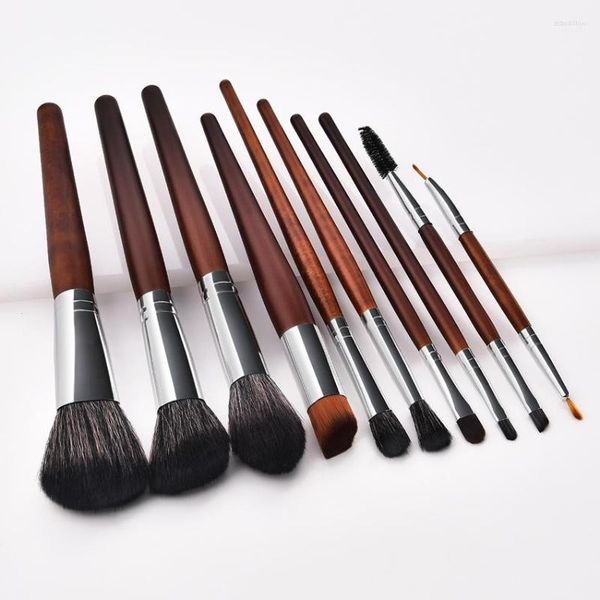 Pinceles de maquillaje SAIANTTH Dark Coffee Silver Wooden 10pcs Set profesional Face Eye Beauty Cosmetic Kit Tool Eyelash Eyebrow