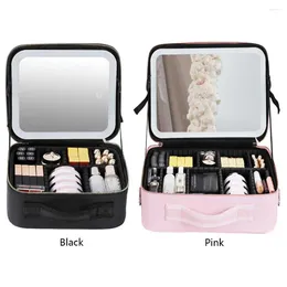 Brosses de maquillage Case cosmétique à LED intelligente avec des femmes miroir sac grande capacité mode simple cuir Pu Casual pour les vacances le week-end