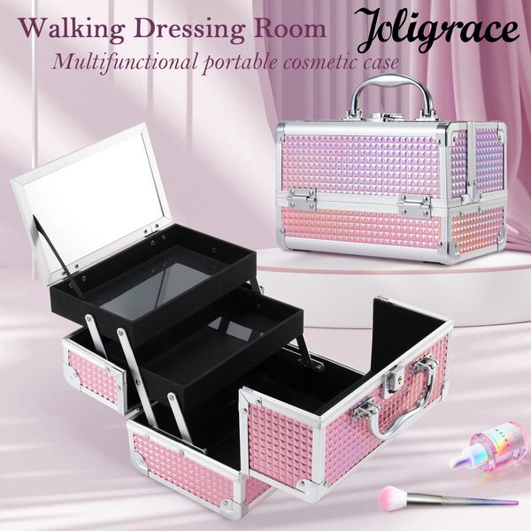 Étui à maquillage Box Train Train Cosmetic Storage Organisateur portable 2 plateaux Lockable Mirror Manucure Suitcase for Women 240416