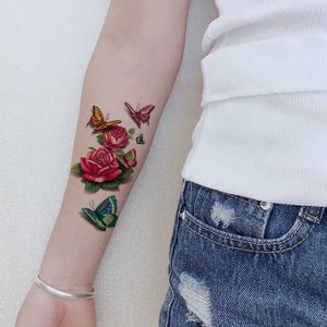 Maquillaje colorido mariposa D flor de rosa cuello máscara para brazo, simulación sexy transferencia de agua fotografía etiqueta engomada del tatuaje impermeable