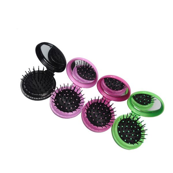 Peigne de maquillage brosse à cheveux outil de coiffure Portable Mini peigne pliant brosse à cheveux de voyage ronde avec miroir