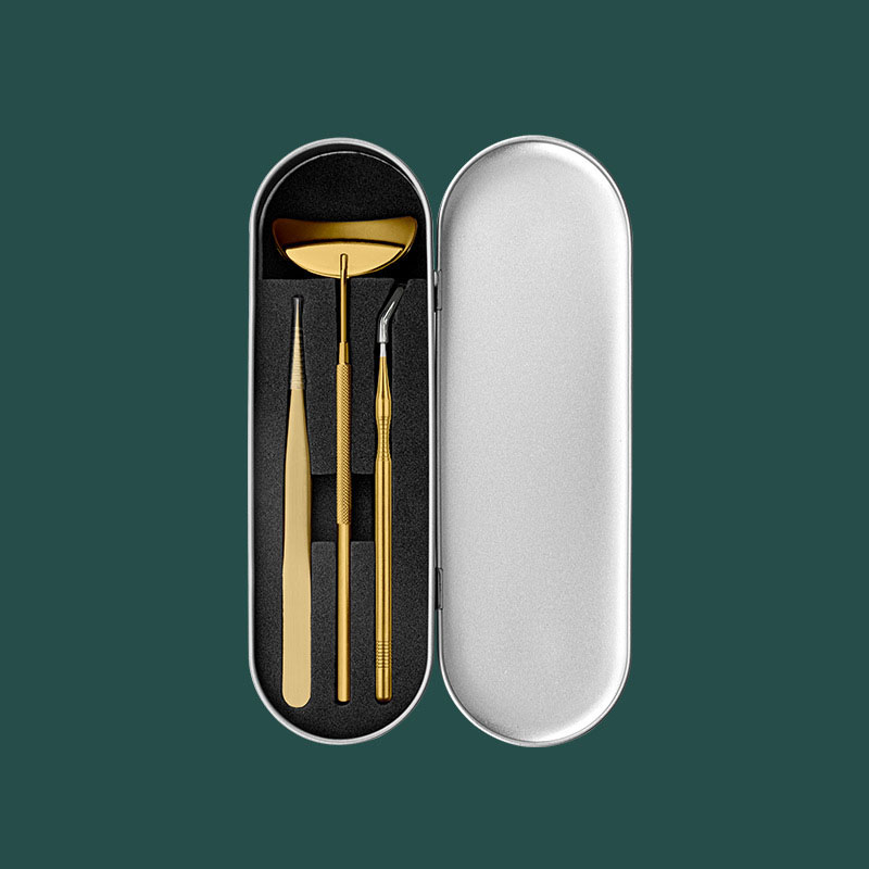 Kompakter Make-up-Spiegel aus Edelstahl, Werkzeug-Inspektionsspiegel mit Pinzette, Wimpernkamm, Halbmondform