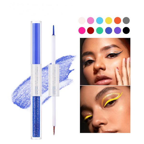 Handaiyan 2 en 1 stylo eye-liner coloré imperméable à l'eau vers à soie crayon de pose velours finition mate éblouissant étincelant extrêmement fin eye-liners liquides de maquillage