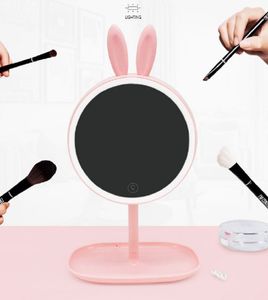 Miroir de maquillage Lampe éclairée LED Vanité Voyage Portable Oreille de lapin rechargeable Ronde Lumière naturelle Écran tactile