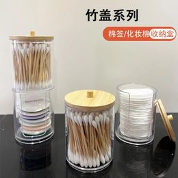 Make -up organisator cosmetische opbergdoos badkamer potten wattenstaafje katoenen pad sieraden organisator bamboe cover ronde opslagcontainer