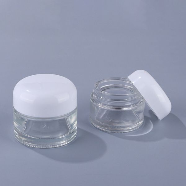 Bouteille d'emballage d'échantillon de maquillage avec le pot en verre de couvercle blanc en plastique 20g 30g 50g récipient cosmétique pour l'huile de crème