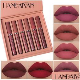 Make-upsets 6 stks / set Handaiyan Veet Matte Lipgloss Paars Rood Aarde Naakt Pigment Langdurige Waterdichte Vloeibare Lipstick Crème Drop D Dh76Y