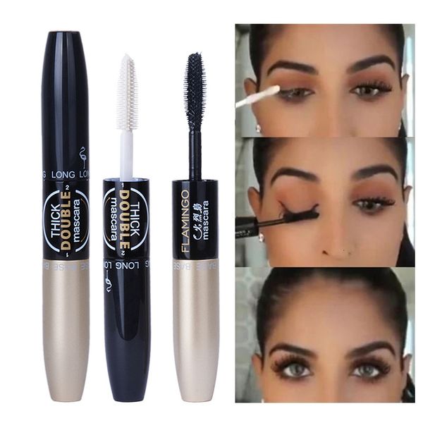 Ensembles de maquillage Flamingo 2 EN 1 4D Mascara à cils en fibre de soie à double extrémité Noir Volume imperméable Double allongement Curling Eye 230615