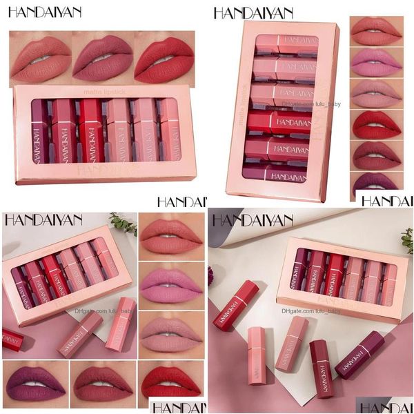 Juegos de maquillaje Handiayan 6 colores / caja Kit de lápiz labial Veet desnudo Cosméticos Crema Mate Juego de lápiz labial Impermeable Sedoso Bálsamo mate Lápiz Gota Dh53G