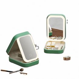 caja de almacenamiento de maquillaje con espejo de luz LED PU cuero cosmético Bag Touch Light Jewelry Organizer con 3 BrightN Y5WF ajustables##