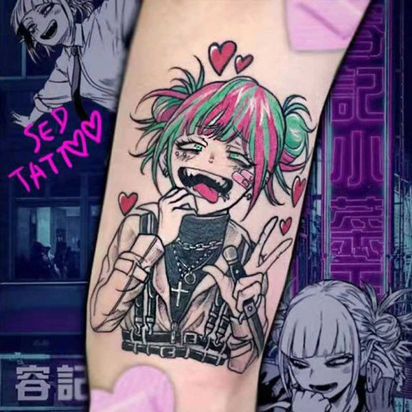 Tatouage de maquillage autocollant de célébrité d'internet, imperméable, photo de fille de dessin animé et cheveux lisses bicolores durables