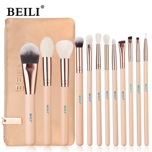 Outils de maquillage BEILI Rose 12 pièces Rose doré naturel chèvre cheveux Premium fond de teint ombre à paupières Blush poudre surligneur correcteur maquillage brosse ensemble 230306