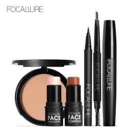 Herramientas de maquillaje FOCALLURE 6 unids/set kit de maquillaje profesional incluye polvo de prensa máscara negra delineador de ojos lápiz de cejas resaltador de cara pegatina 231109