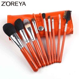 Outils de maquillage Zoreya 9pcs Ensemble de brosses à poils de cheval Brosses ovales Brochas Cosmétiques Trousse à outils Porte-sac Animal Natural220422