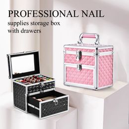Maquillage Train Cases Portable Box Alliage Make up Case Manucure Polish Storage Organzier Beauté Valise avec Miroir Tiroir pour Nail Tech 230628
