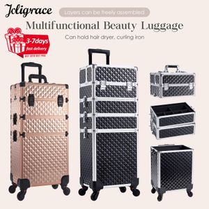 Estuches de tren de maquillaje Trolley Case Desmontable 4 en 1 Maletín de aleación para manicura de uñas sobre ruedas Lock Salon Almacenamiento de gran capacidad 230628