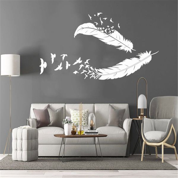 Makeyes Plume Oiseaux Stickers Muraux Maison Salon Moderne Décor Vinyle Sticker Volant Plume Mur Art Nature Décoration