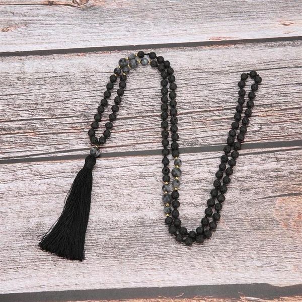 Perles Mala 6mm pierre volcanique nouée méditation bijoux semi-précieux hommes et femmes collier de charme suspendu pendentif pompon noir N214R