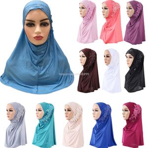 Maleisië Moslim Hijab Sjaal Een Stuk Effen Bloem Strass Sjaal Vrouwen Hoofddoek Klaar Om Musulman Femme Cap Hoed Te Dragen