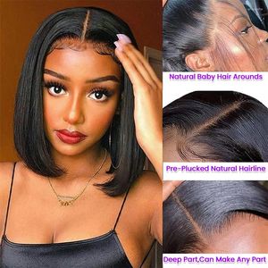 Perruque Bob Lace Frontal Wig malaisienne lisse, cheveux humains courts, pre-plucked, 13x4