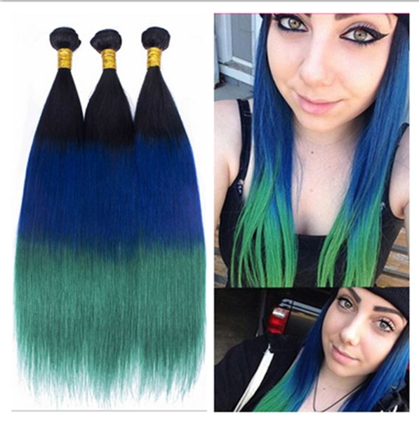 Malasia # 1B Teal azul Ombre Armadura del pelo Raíces oscuras Tres tonos Extensiones de cabello humano de color Recto Virgen Ombre Paquetes de cabello 3 piezas / lote