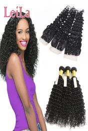 Malaisien 3 faisceaux avec 4 x 4 fermeture en dentelle profonde vague de cheveux humains non transformés extensions de cheveux noirs couleurs naturelles 6125504