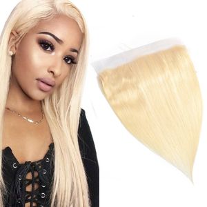 Malaisien 613 # Blonde 13X4 dentelle frontale soyeuse droite pré plumée cheveux humains fermeture supérieure 13 par 4 frontaux oreille à oreille