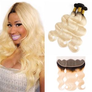Maleisische Blonde Ombre 1B/613 Body Wave Virgin Haar Inslagen Met 13X4 Kant Frontale 4 stuks/partij Human Hair Extensions 12-24inch 1B 613