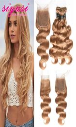 Cabello humano ondulado del cuerpo de Malasia 34 paquetes con cierre 100 27 Extensiones de cabello virgen sin procesar rubio miel con onda del cuerpo La3074932