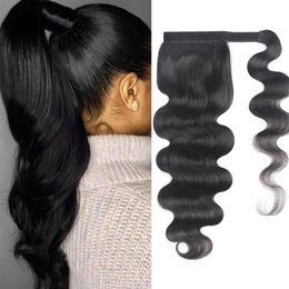 Maleisische Braziliaanse Indiase Peruviaanse 100% Menselijk Haar Paardenstaart Haren Extensions 10-22Inch Body Wave Ponytails Natural Black 1B 140G Full Head