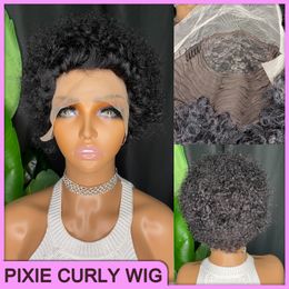 Perruque Lace Wig courte bouclée malaisienne, cheveux humains brésiliens péruviens indiens 100% bruts Vrigin 1B, noir naturel Pixie, 13x1