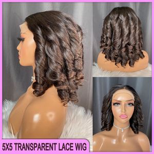 Malaysian Brazilian Peruvian Indian 100% Raw Human Hair Black Loose Wave 5x5 Transparent Lace Wig 16 Inch Lace Closure Short Wig