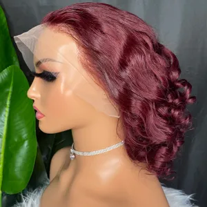 Peluca de cabello humano indio peruano brasileño malasio 99J vino rojo onda suelta 13x4 peluca de encaje transparente peluca corta Frontal de encaje