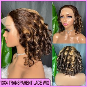 Perruque Lace Frontal Wig naturelle malaisienne brésilienne péruvienne indienne, cheveux humains courts, Loose Wave, brun P4/30, 13x4, Transparent