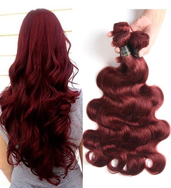 Paquetes de armadura de cabello brasileño Borgoña malasio cabello virgen brasileño onda del cuerpo 99J extensiones de cabello humano de Color rojo 6938942