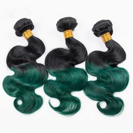 Maleisische donkergroene ombre Menselijk haarbundels Body Wave Golvend Weefs Weefs Donkere Roots # 1B / Groen Ombre Menselijk Haar Weave Bundels Tangle GRATIS