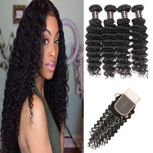 Bundles malaisiens de cheveux humains bouclés profonds avec fermeture Cheveux péruviens 4Bundles avec 4 * 4 Fermeture à lacet Body Wave Deep Loose Wave Extensions de cheveux